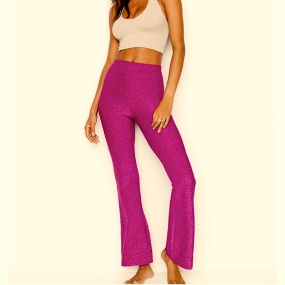 VICTORIAS SECRET SHINE FLARE PANTS IN FUSHIA METALLIC KNIT HIGH RISE SIZE SMALL - Picture 3 of 12